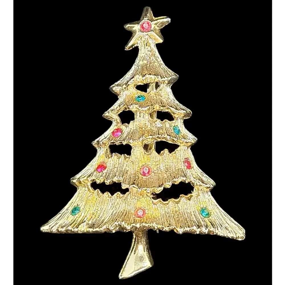 Luxe Vintage Holiday Sparkle Rhinestone Tiered Tree‎ Brooch Gold Tone Elegant 2